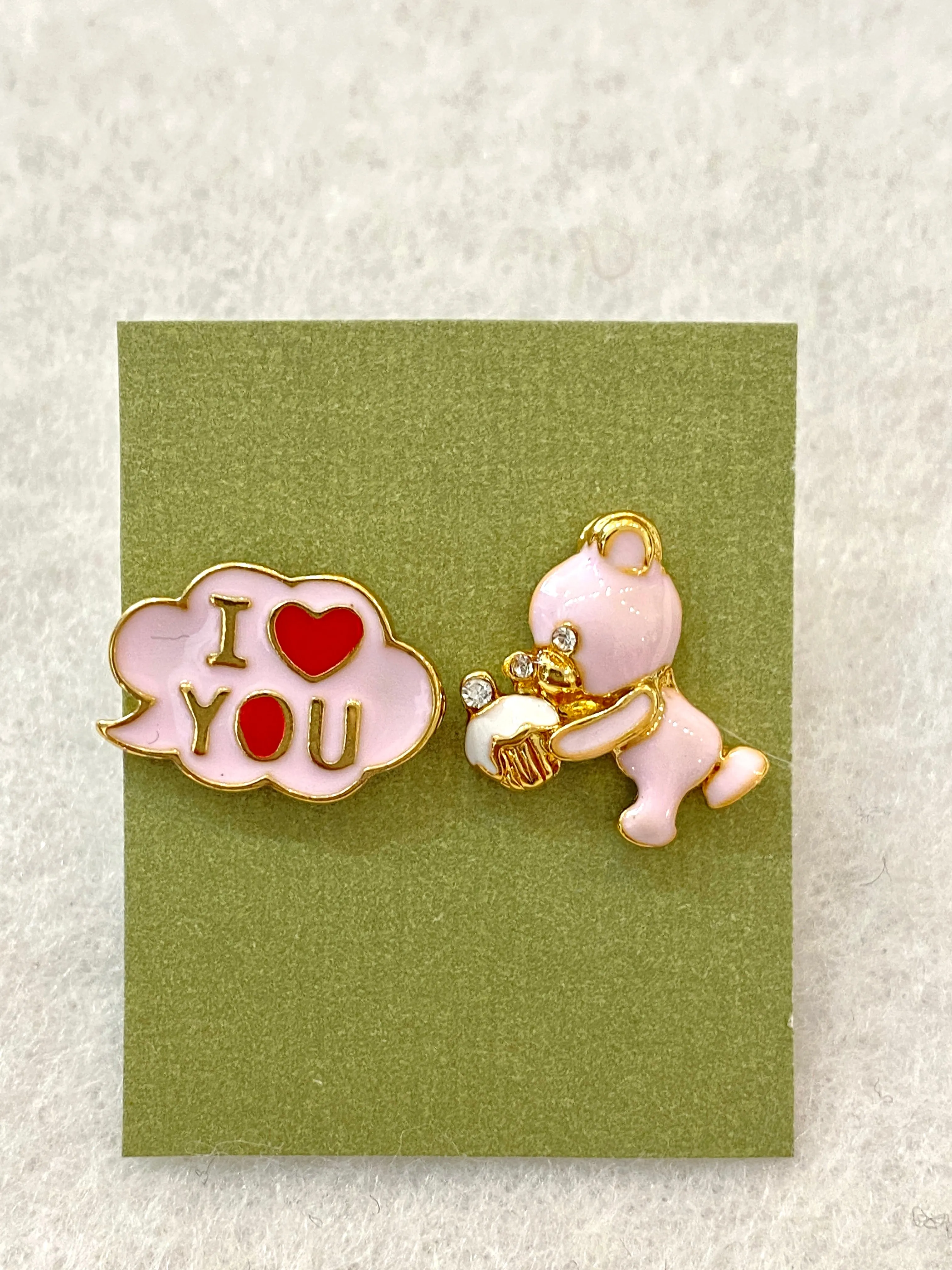 Cute Mismatched I Love You and Bear Cake Enamel Earrings