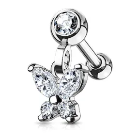 CZ Butterfly Dangle Jeweled Set Ball 316L Surgical Steel WildKlass Ear Cartilage/Tragus Barbell Studs