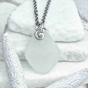 Diamond Ice Seafoam Sea Glass Pendant with Sterling Silver Ocean Waves Bail  | #1720