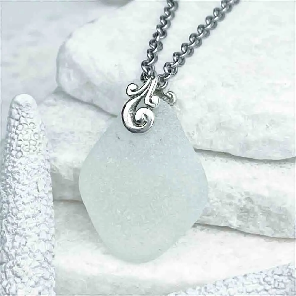 Diamond Ice Seafoam Sea Glass Pendant with Sterling Silver Ocean Waves Bail  | #1720