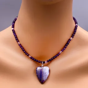 Dragon’s Vein Agate Heart Pendant Choker/Necklace with Dark and Lavender Amethyst Gemstone Necklace