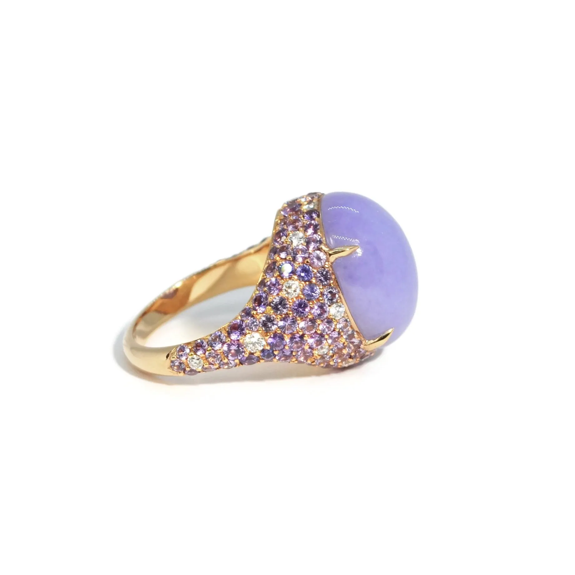 Eclat Jewels - One of a Kind Ring with Lavender Jadeite Jade, Purple Sapphires and Diamonds, 18k Rose Gold