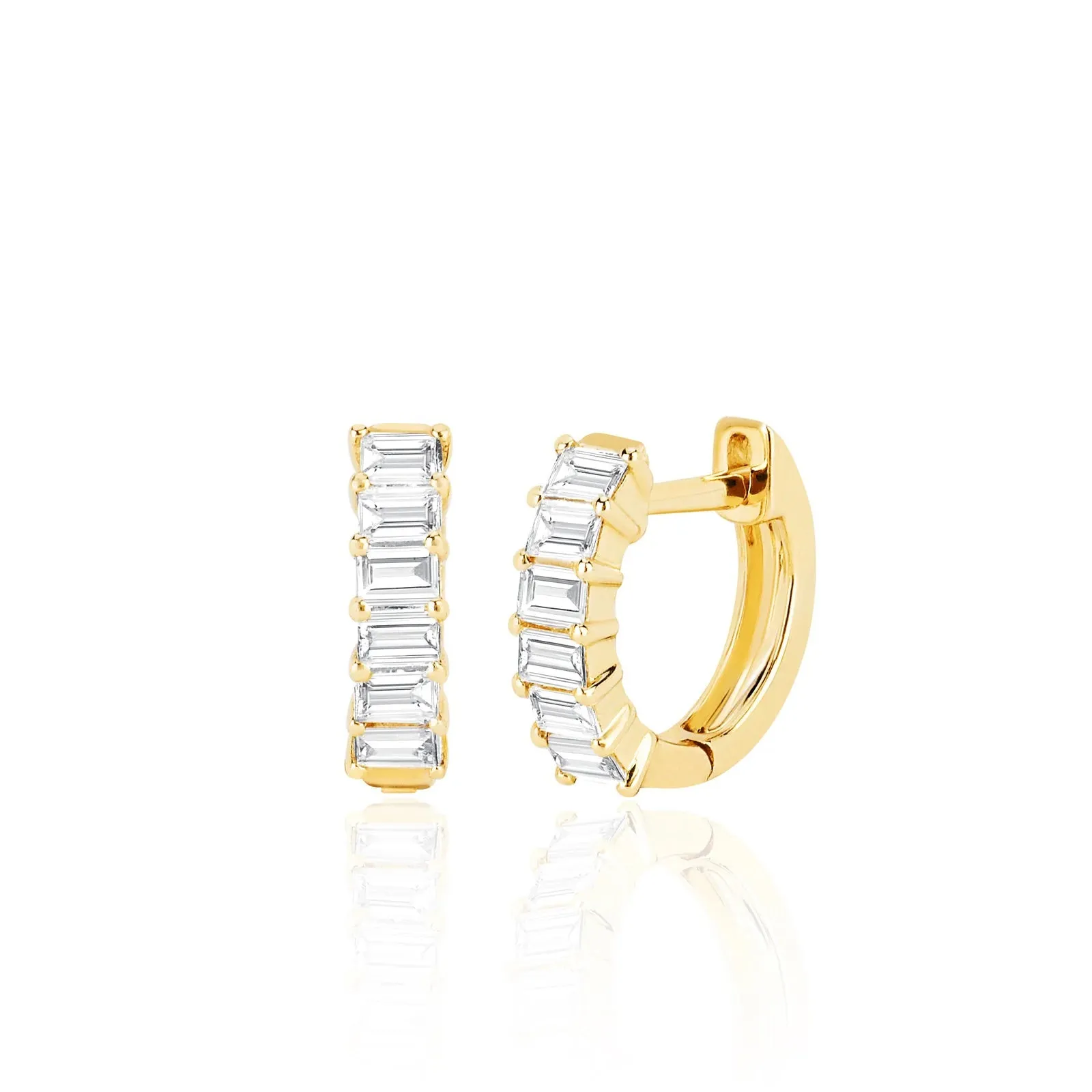 EF Collection - Prong Set Baguette Diamond Huggie Earrings, Yellow Gold