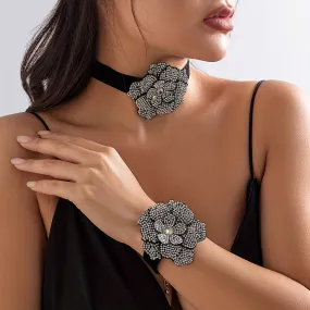 Elegant Vintage Rose Flower Choker & Bangle Set - Rhinestone-Adorned Black Velvet Velour for Women