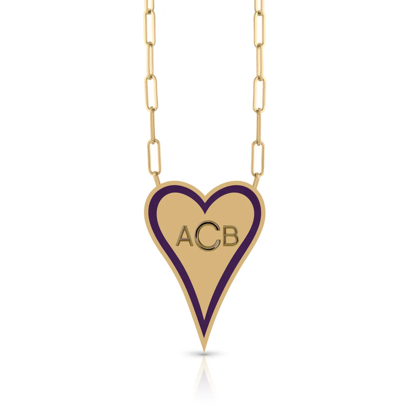 Enamel Outline Elongated Heart   Initials PaperClip Necklace