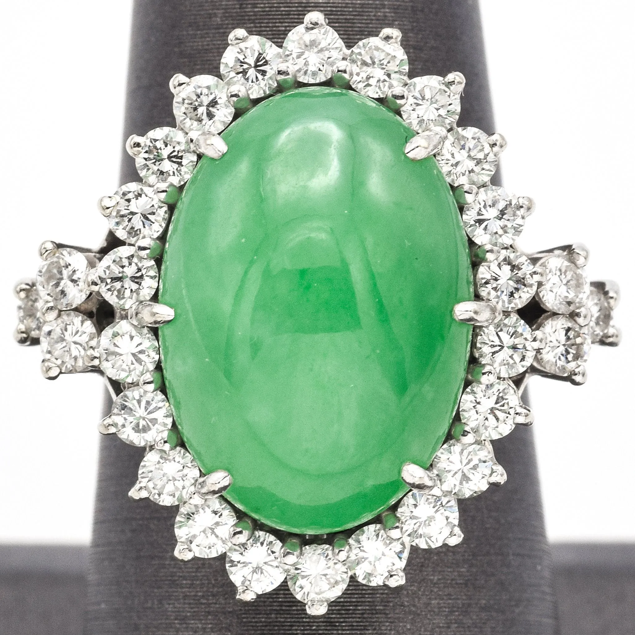 Estate 18K White Gold 18.12 Carats Jadeite And 1.61 TCW Diamond Cocktail Ring F/G VS-1/2