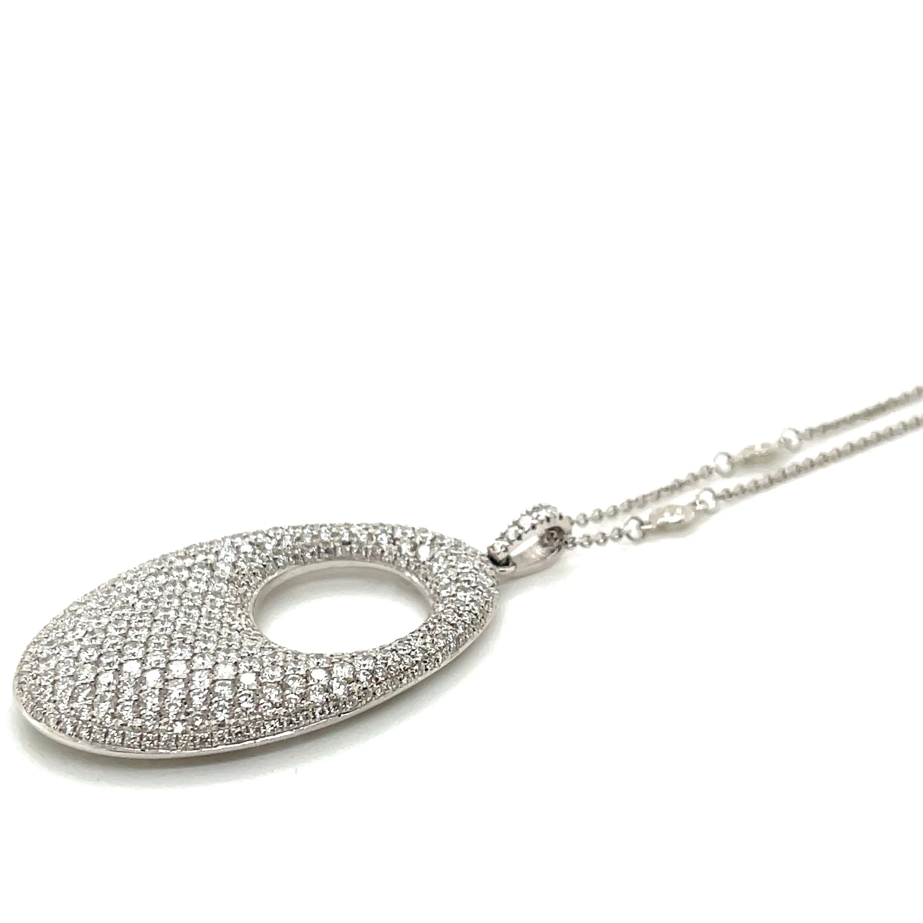 Estate 18k White Gold Pave Diamond Oval Pendant Necklace