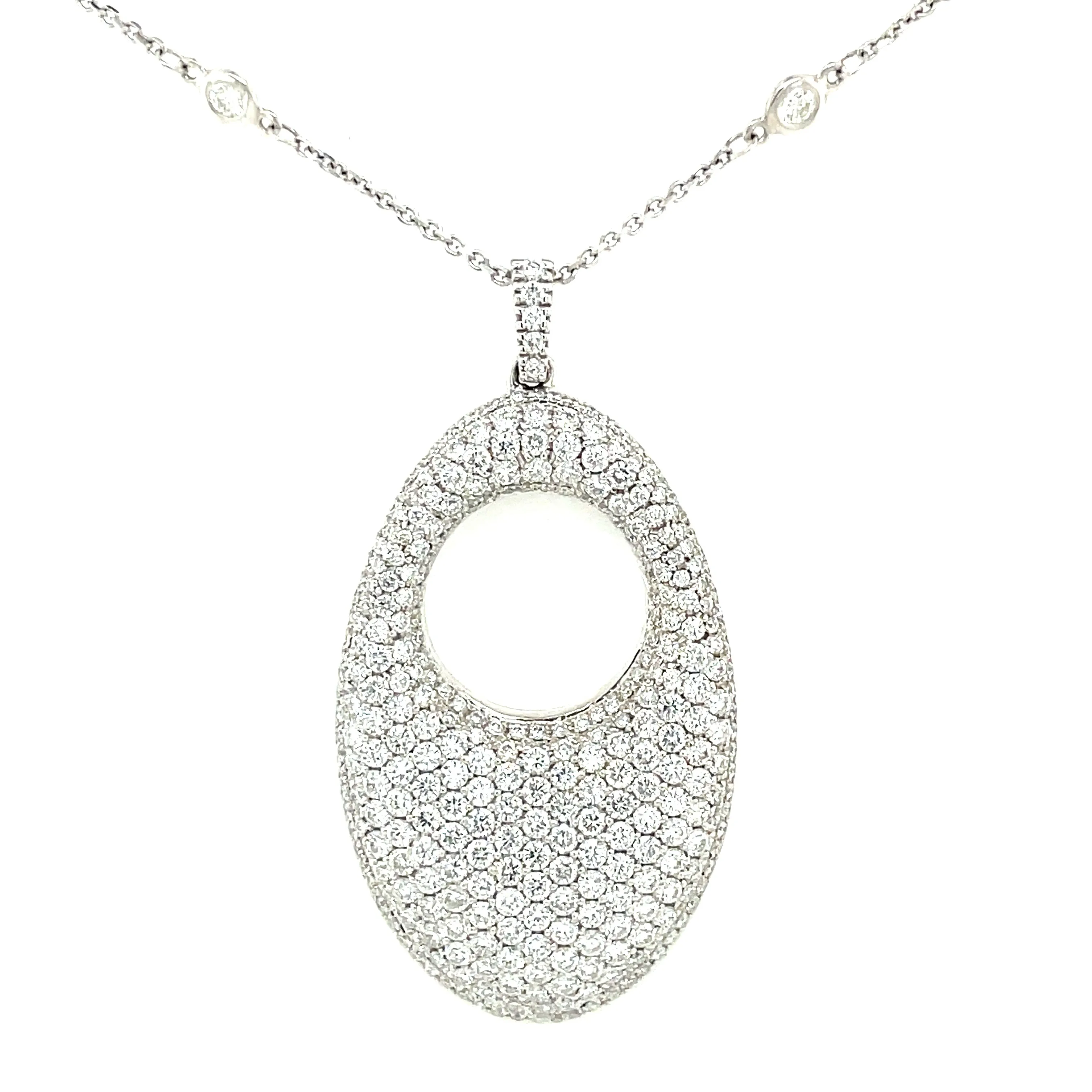 Estate 18k White Gold Pave Diamond Oval Pendant Necklace