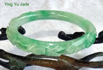 Estate Pre-Owned Carved Lucky Coins, Peach, Bird, Lingzhi and More Jadeite Jade Bangle 53.5mm (TI-1292-8