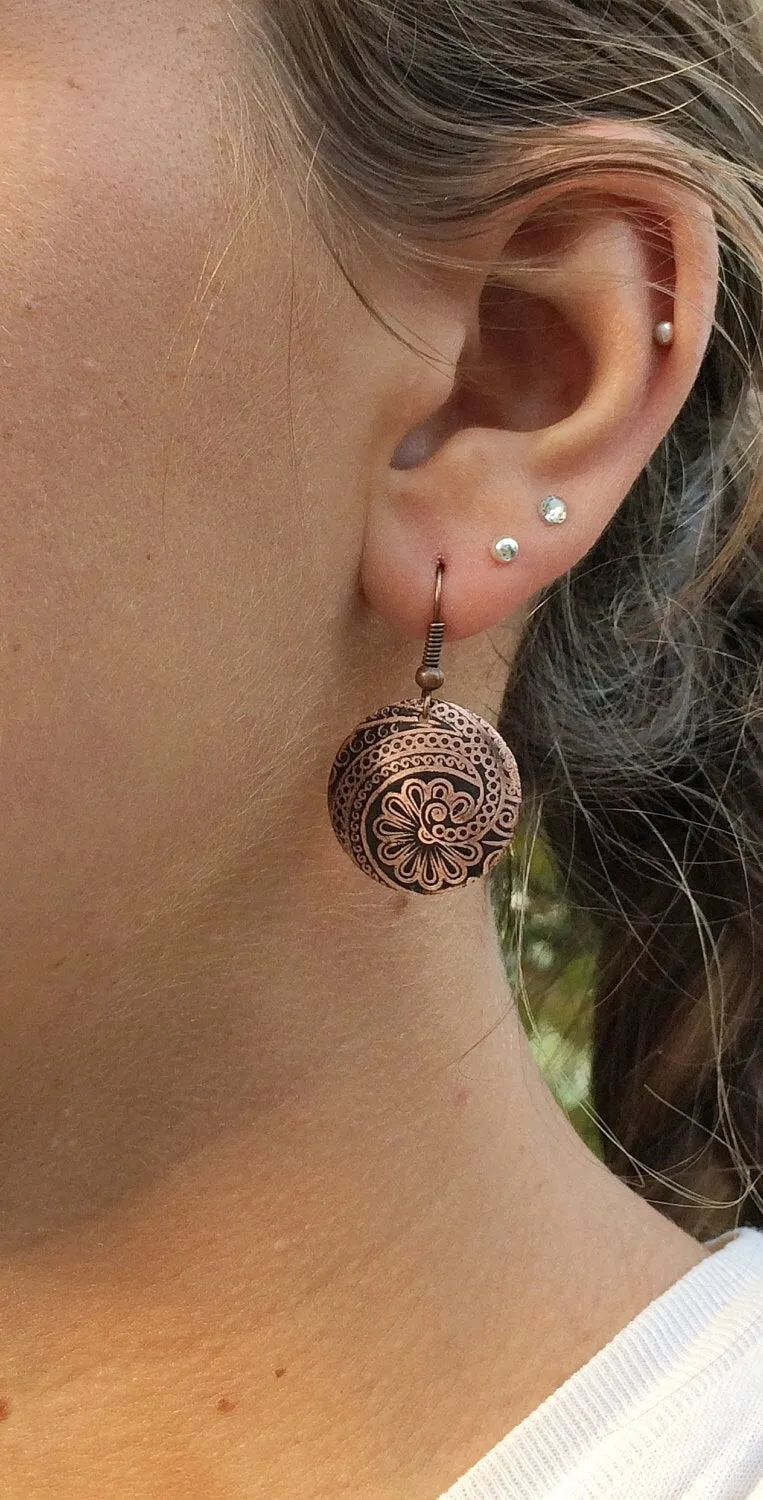 Etched Copper Earrings, Copper Jewelry, 7th Anniversary Gift, Unique Gift Jewelry, Copper Drop Earrings, Etched Copper Jewelry