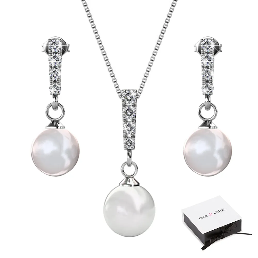 Gabrielle 18k White Gold Plated Swarovski Crystal Pearl Drop Earrings and Necklace Jewelry Set