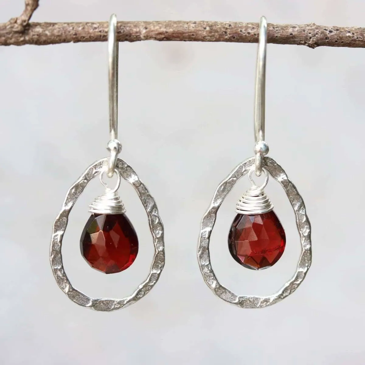 Garnet earring, red garnet earring, garnet drop earring, silver drop earring, silver dangle earring, January birthstone earring