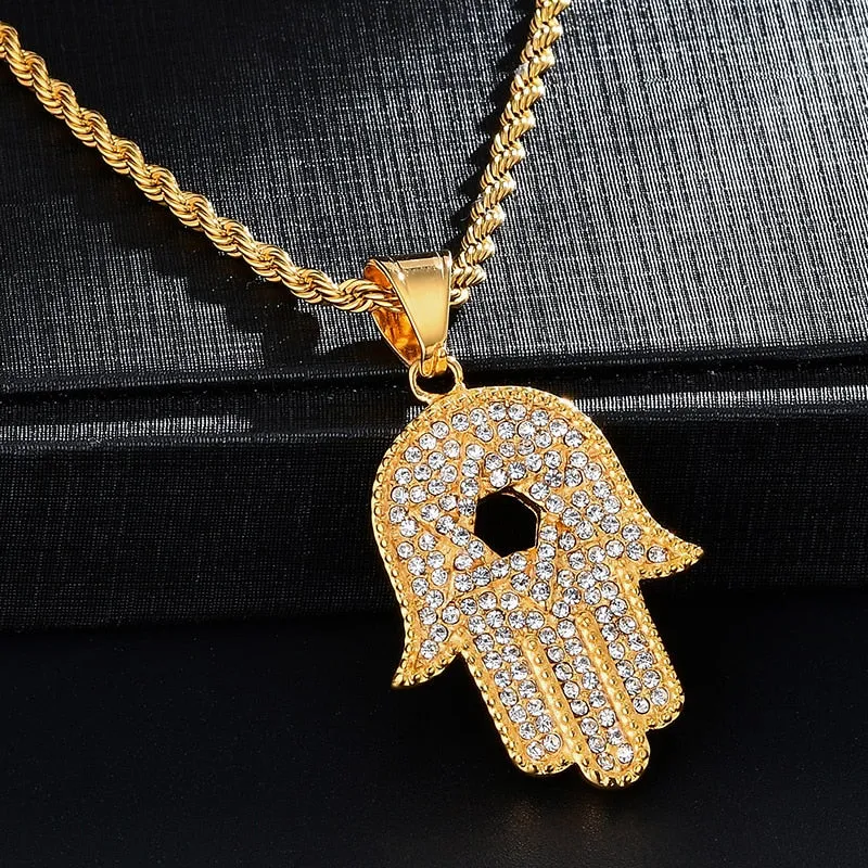 Gemstone-Studded Jewish Star on Hamsa Hand Bling Stainless Steel Hip-hop Pendant Necklace