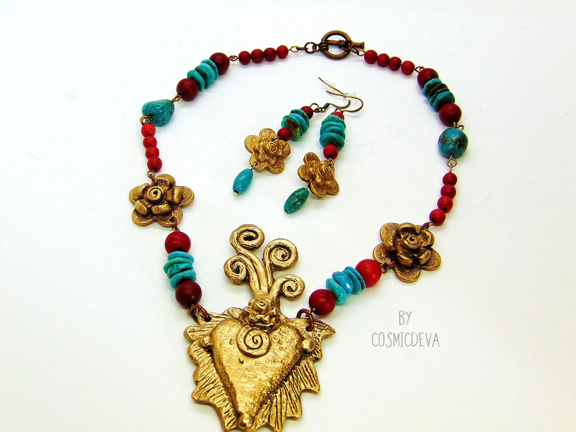 Gold Bronze Milagro Heart Statement Necklace,  Sacred Heart Necklace Set, Bronze Necklace