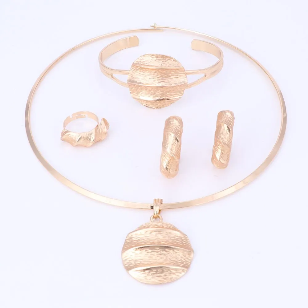 Gold/Silver-Plated and Cratered Pattern Steel Necklace, Bracelet, Earrings & Ring Wedding Jewelry Set