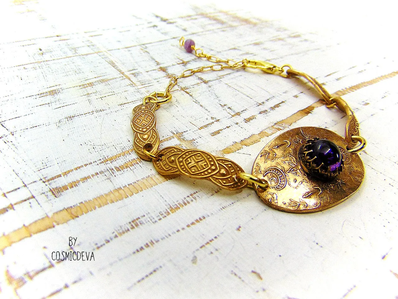 Handcrafted Artisan Elven Style Amethyst Bronze Bracelet