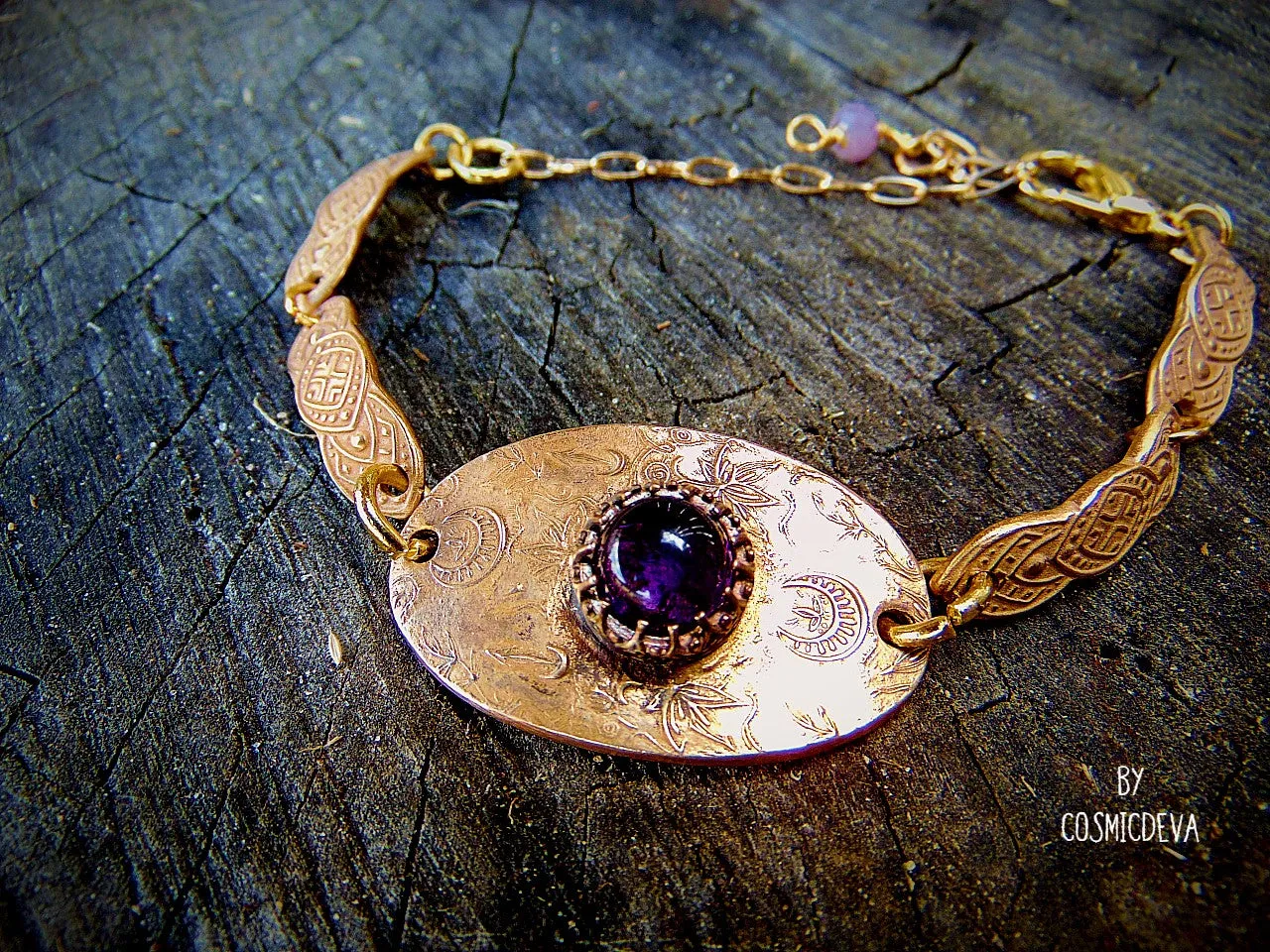 Handcrafted Artisan Elven Style Amethyst Bronze Bracelet