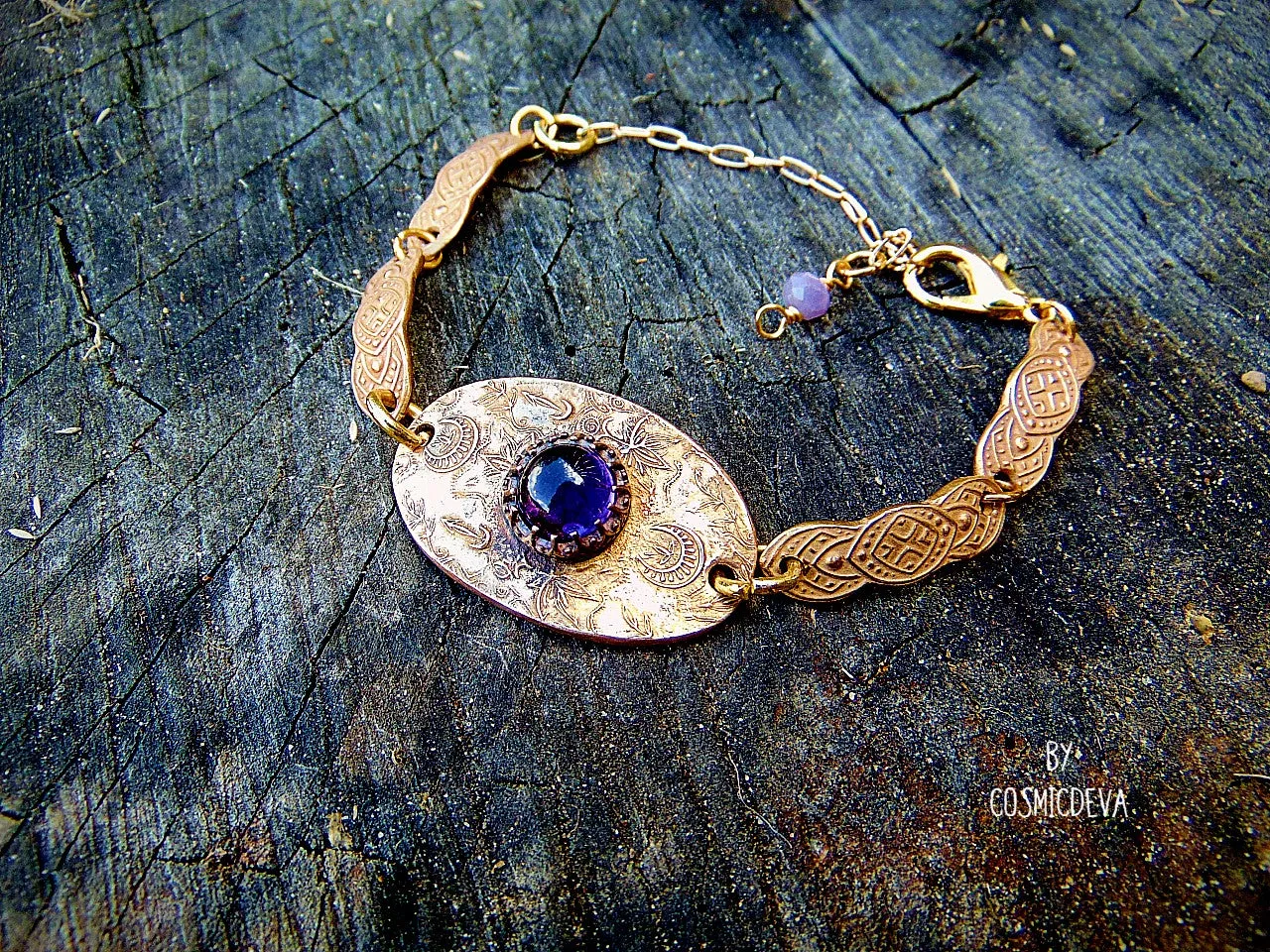 Handcrafted Artisan Elven Style Amethyst Bronze Bracelet