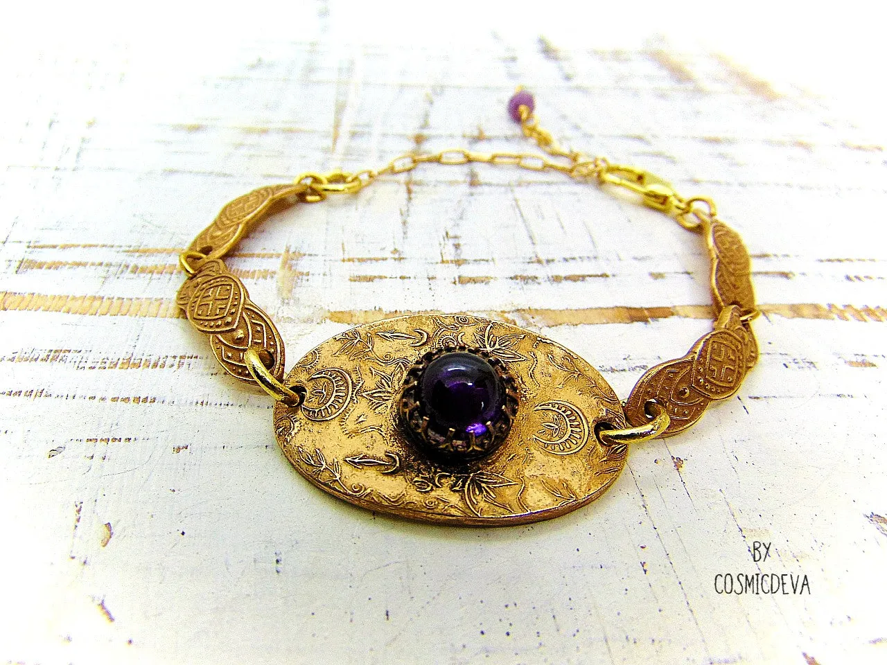 Handcrafted Artisan Elven Style Amethyst Bronze Bracelet