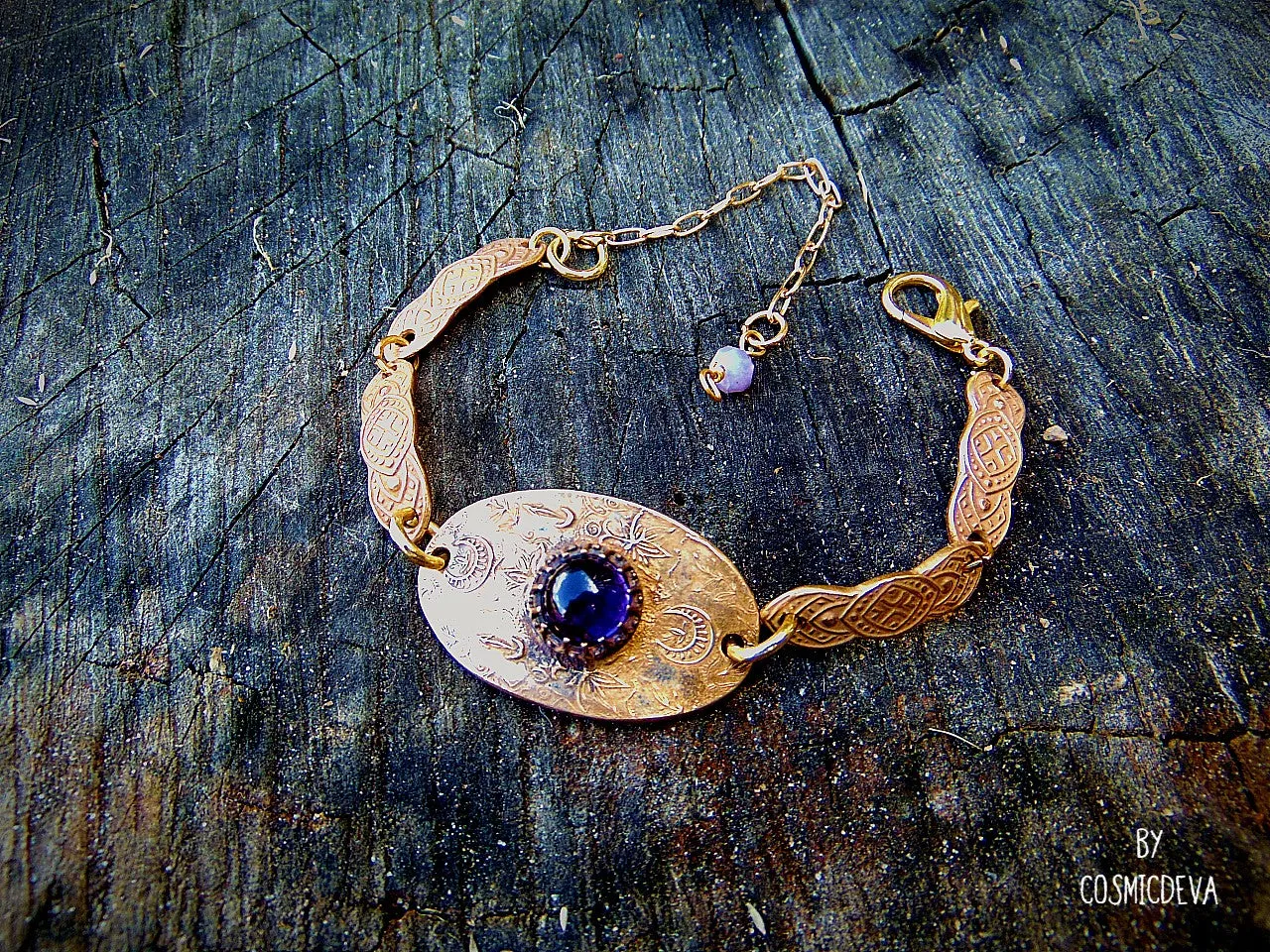 Handcrafted Artisan Elven Style Amethyst Bronze Bracelet