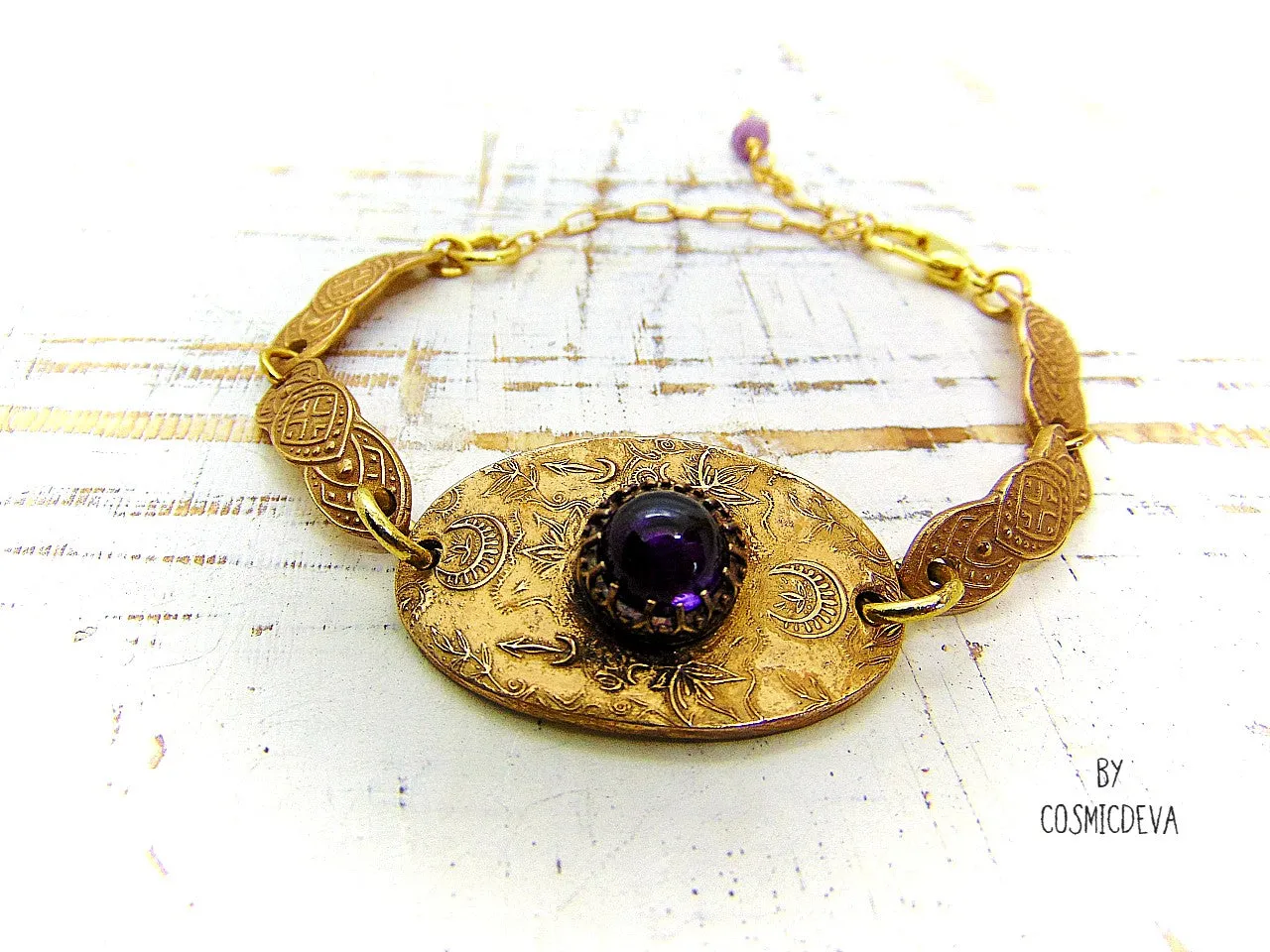 Handcrafted Artisan Elven Style Amethyst Bronze Bracelet