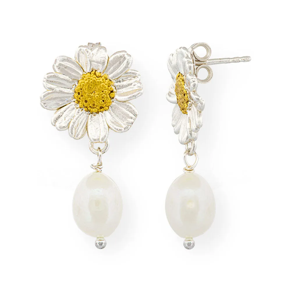 Handmade Gold Plated Silver Daisy Earrings With Pearls Ismini