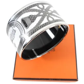 Stunning Hermes Wide Grand Apparat Enamel Bangle Bracelet in White and Silver