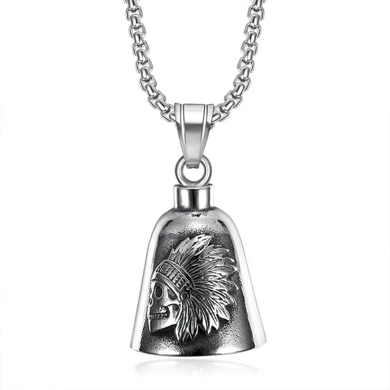 Hip Hop Stainless Steel Motorcycle Wind Native American Skeleton Chief Riding Exorcism Bell Pendant