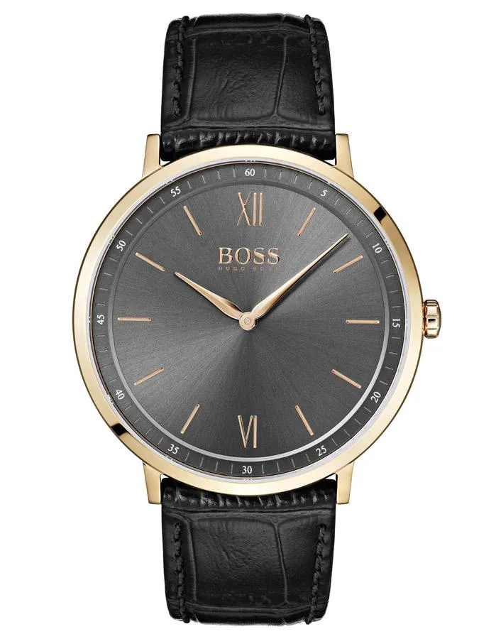 Hugo Boss Mens Essential Business Watch - Rose Gold-Tone - Grey Dial - Leather