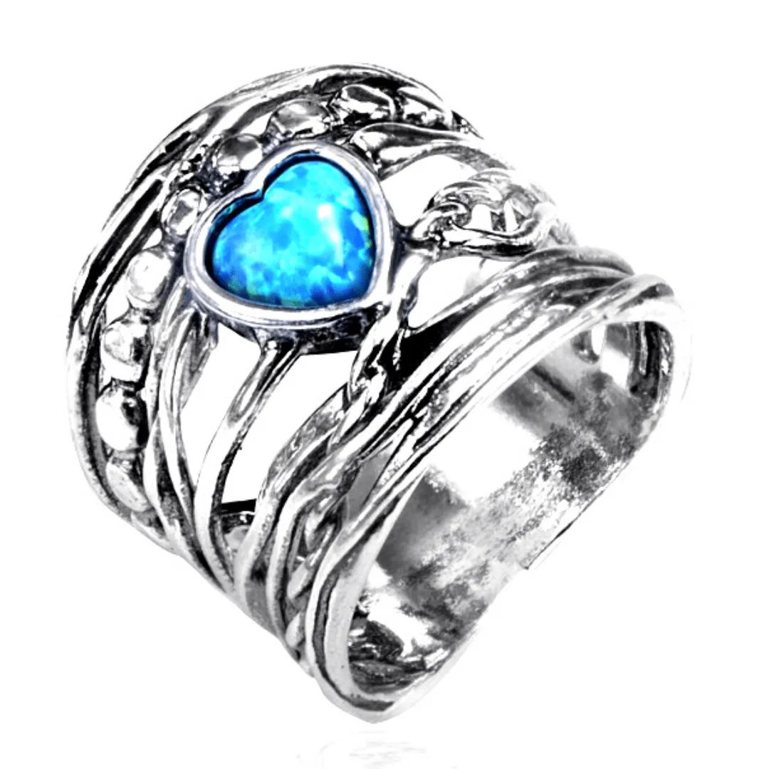 Israel silver ring. Elevate Your Style with Our Rings: Silver Ring for woman set with a blue opal heart