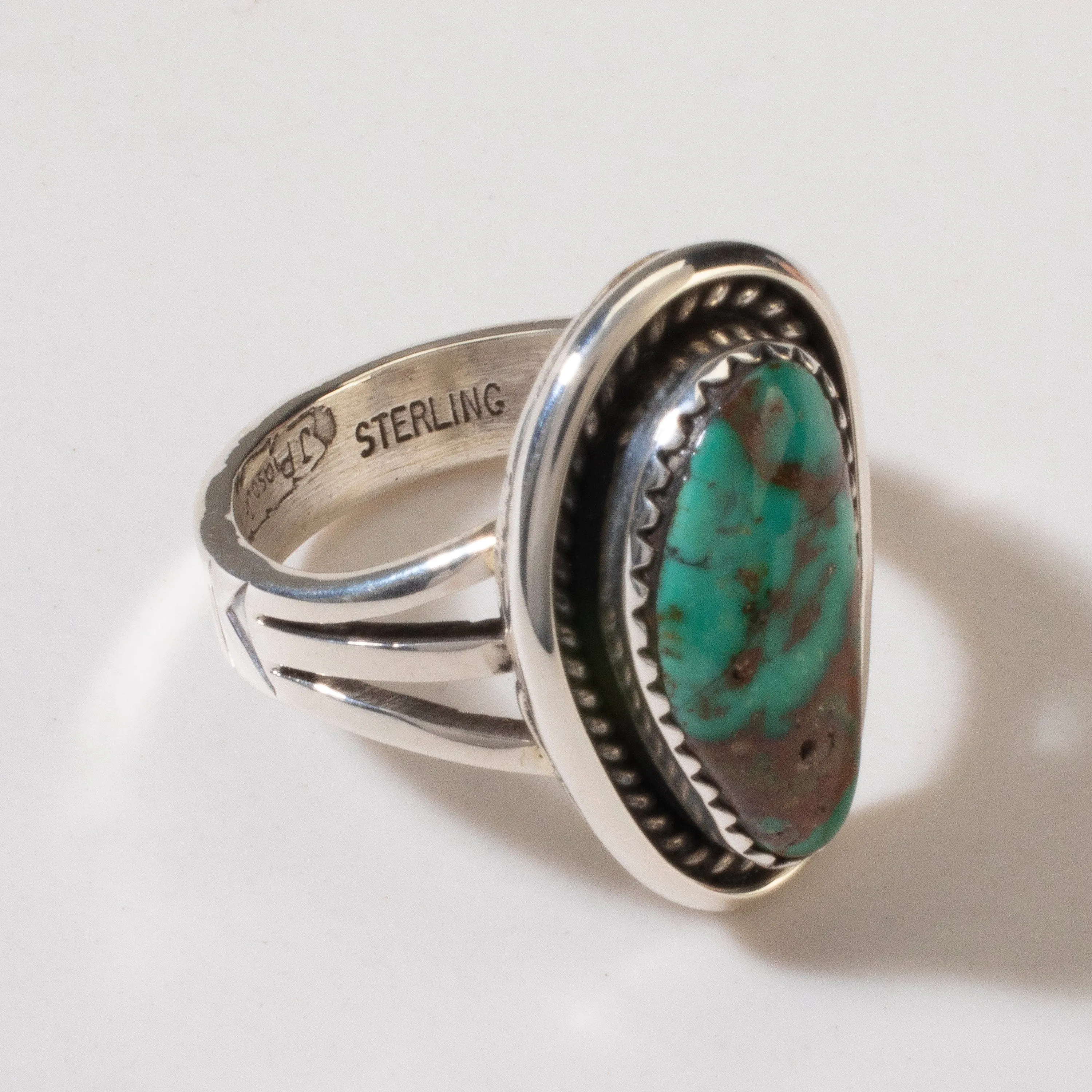 Joe Piaso Jr. King Manassa Turquoise Round Navajo USA Native American Made 925 Sterling Silver Ring