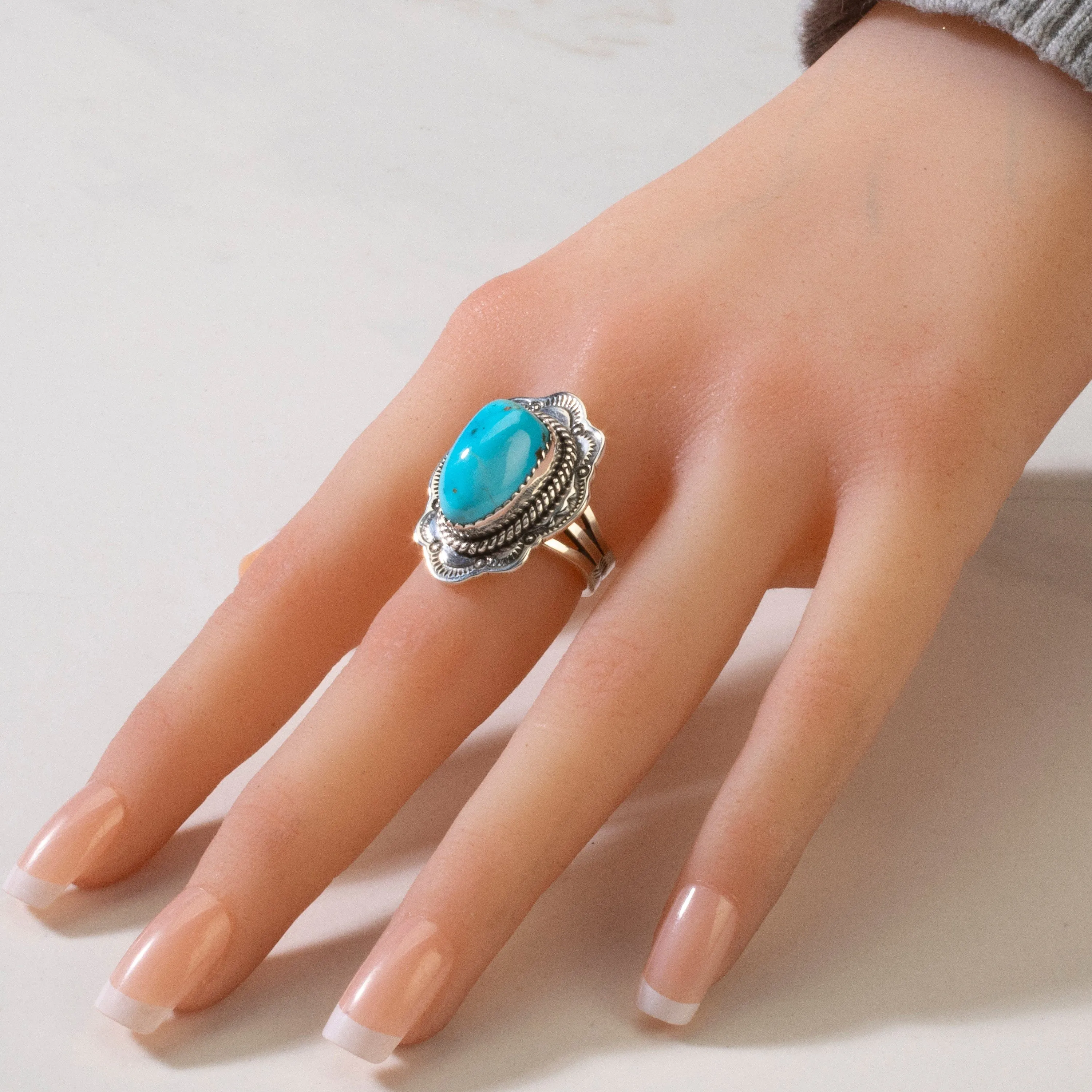 Joe Piaso Jr. Sleeping Beauty Turquoise Navajo USA Native American Made 925 Sterling Silver Ring