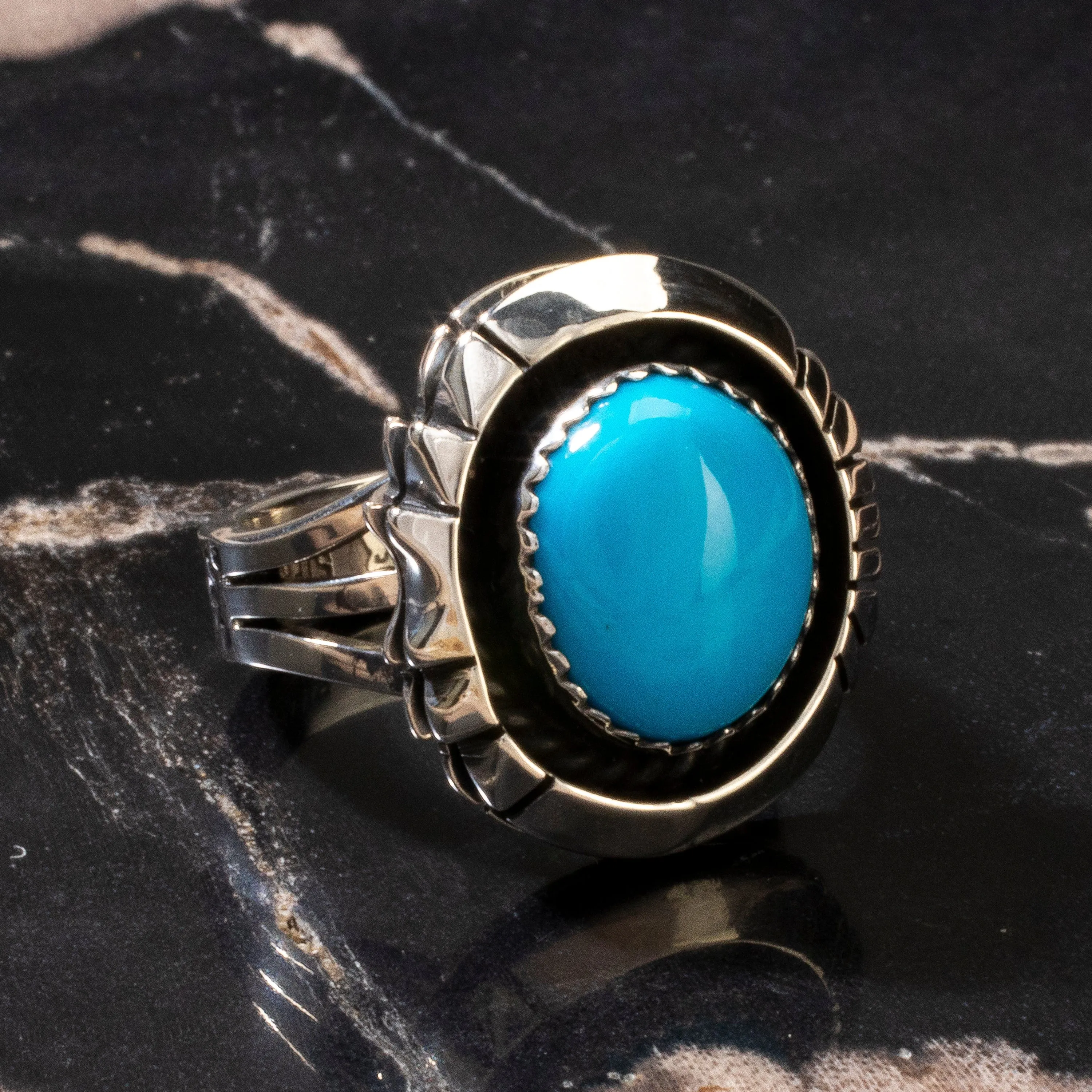 Joe Piaso Jr. Sleeping Beauty Turquoise Round Navajo USA Native American Made 925 Sterling Silver Ring