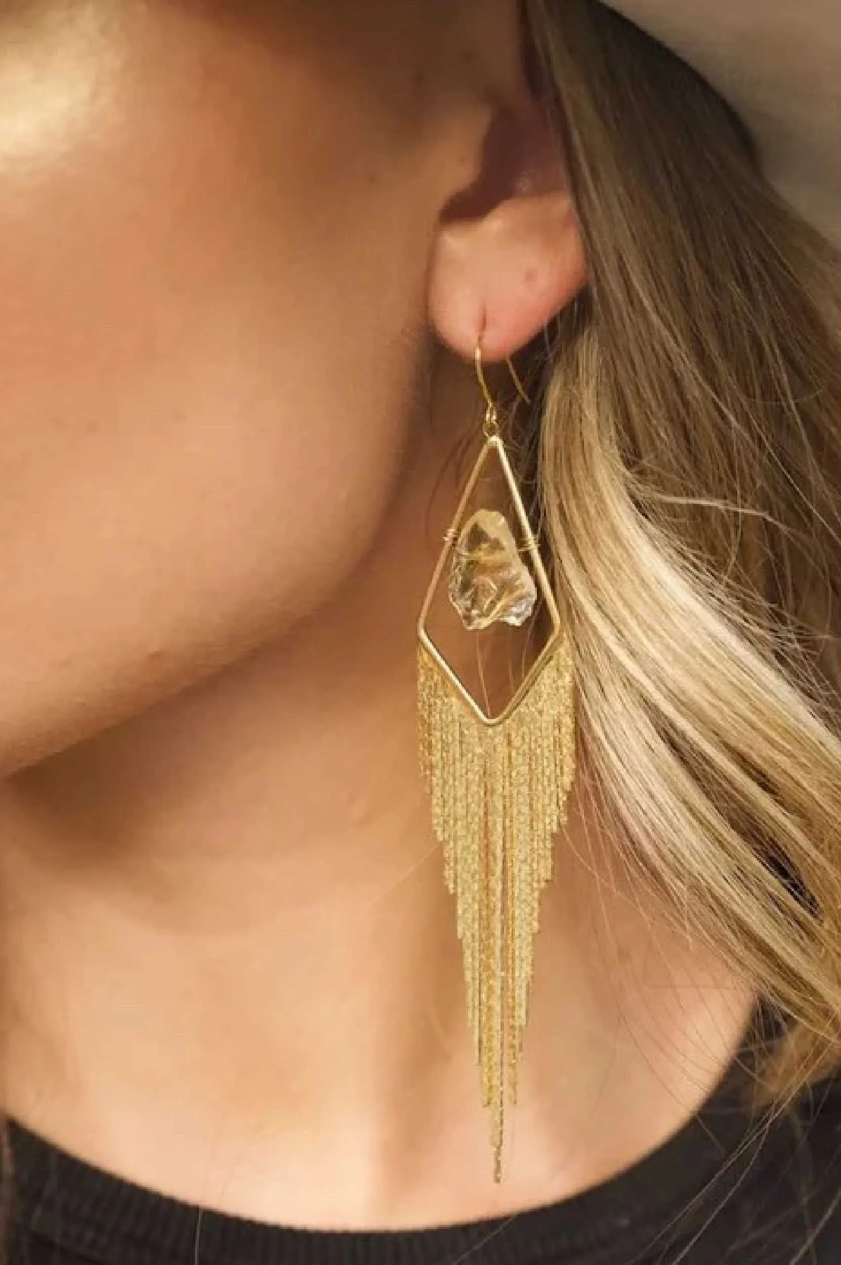 Joyful Girl Gold Fringe Citrine Earrings