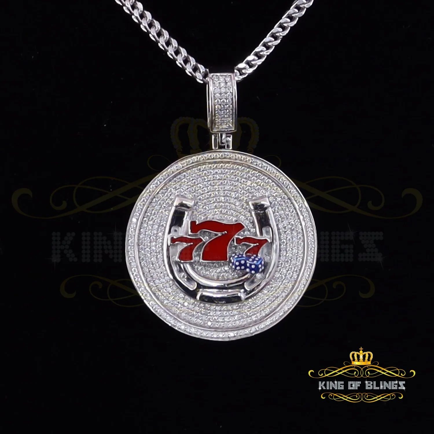 King Of Bling's 2.00ct Moissanite White 925 Silver Gamble Lucky 777 W/Dice Horse Shoes Pendant