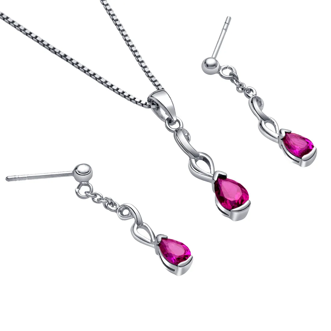 Lab Ruby Dainty Dangling Teardrop Earrings Pendant Necklace Jewelry Set in Sterling Silver