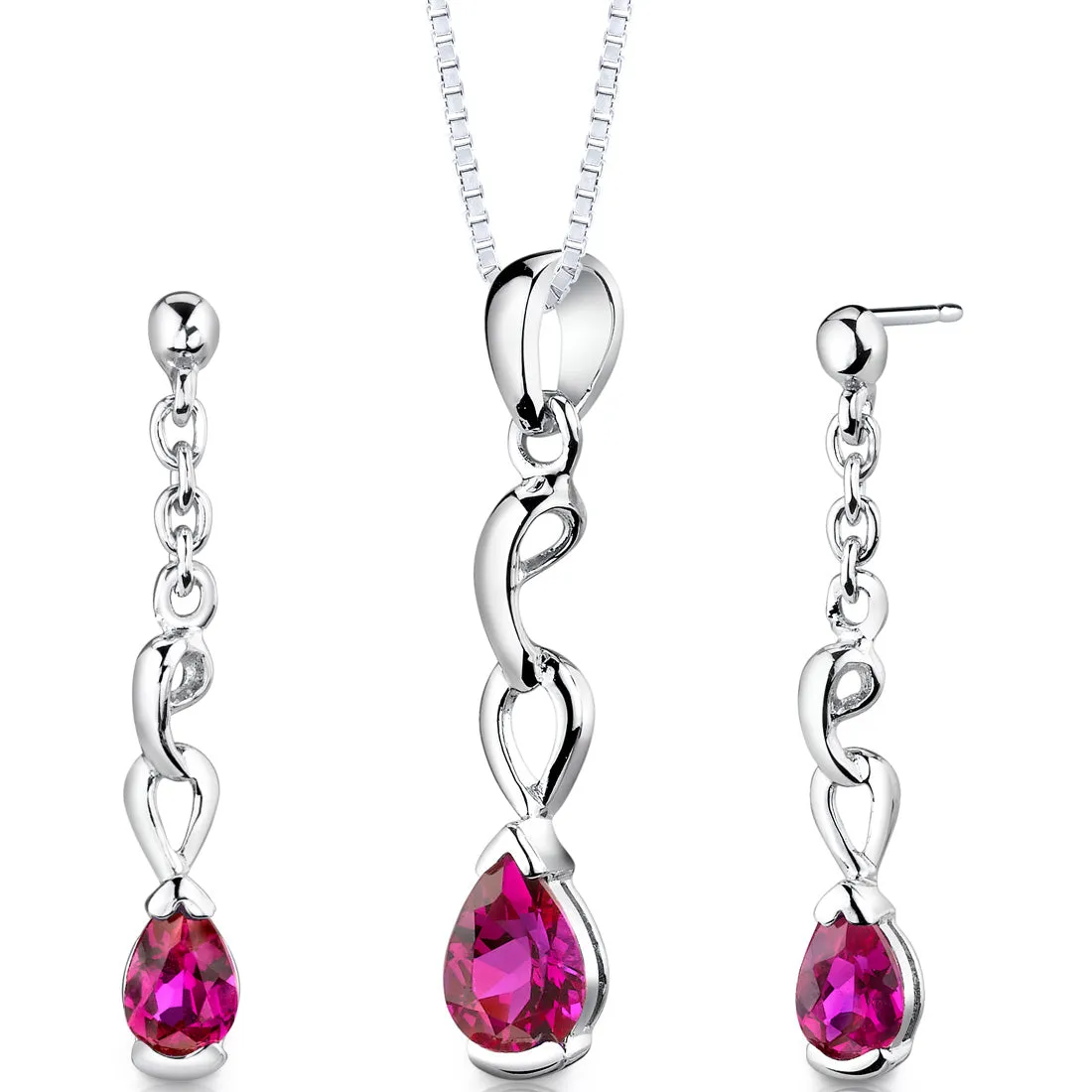 Lab Ruby Dainty Dangling Teardrop Earrings Pendant Necklace Jewelry Set in Sterling Silver