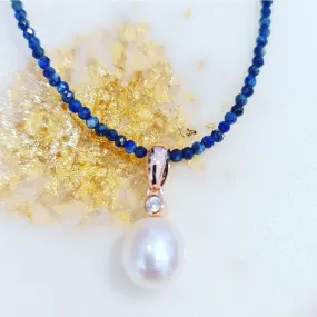 Lapis Lazuli Freshwater Pearl drop necklace Rosegold