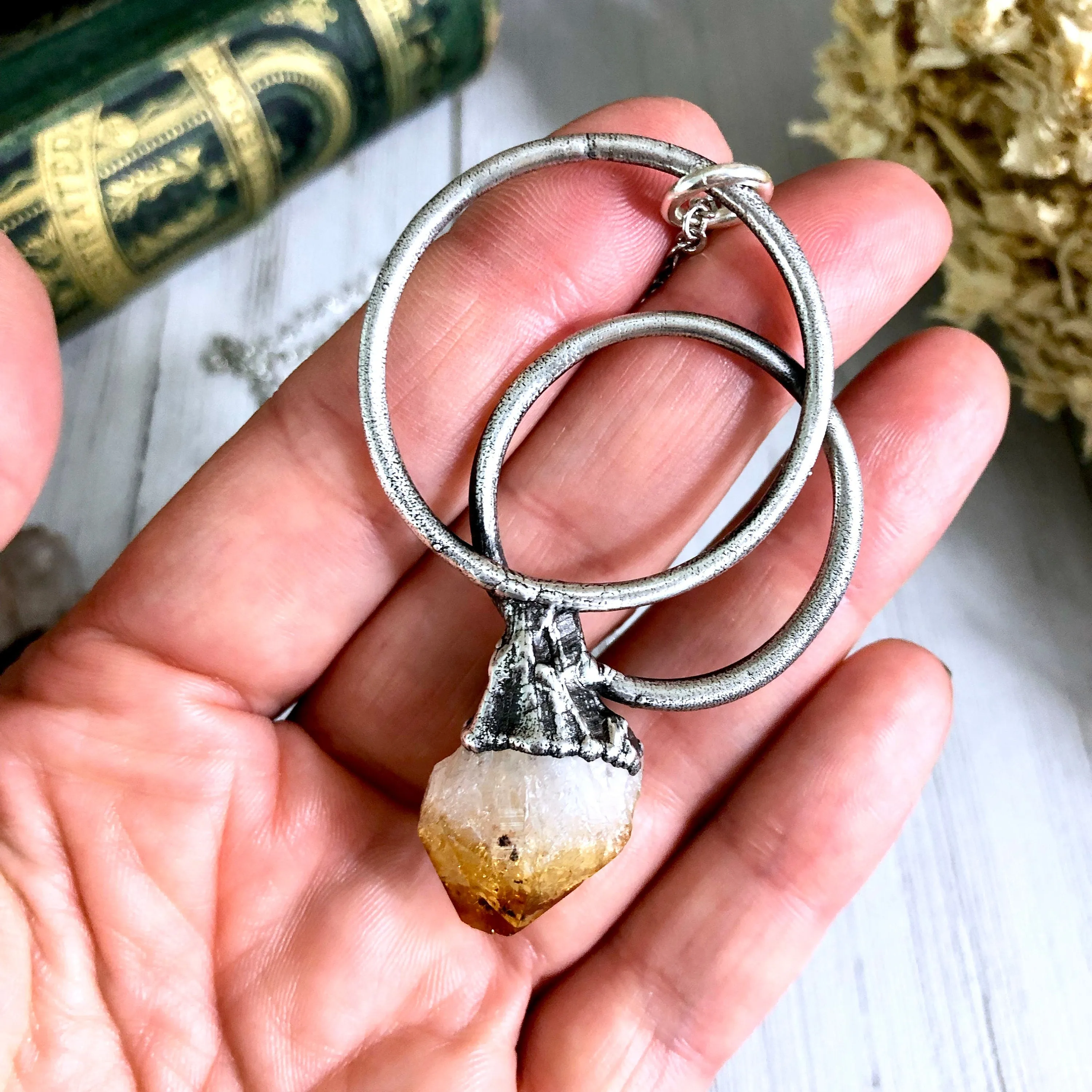 Large Citrine Necklace / Big Crystal Necklace Silver