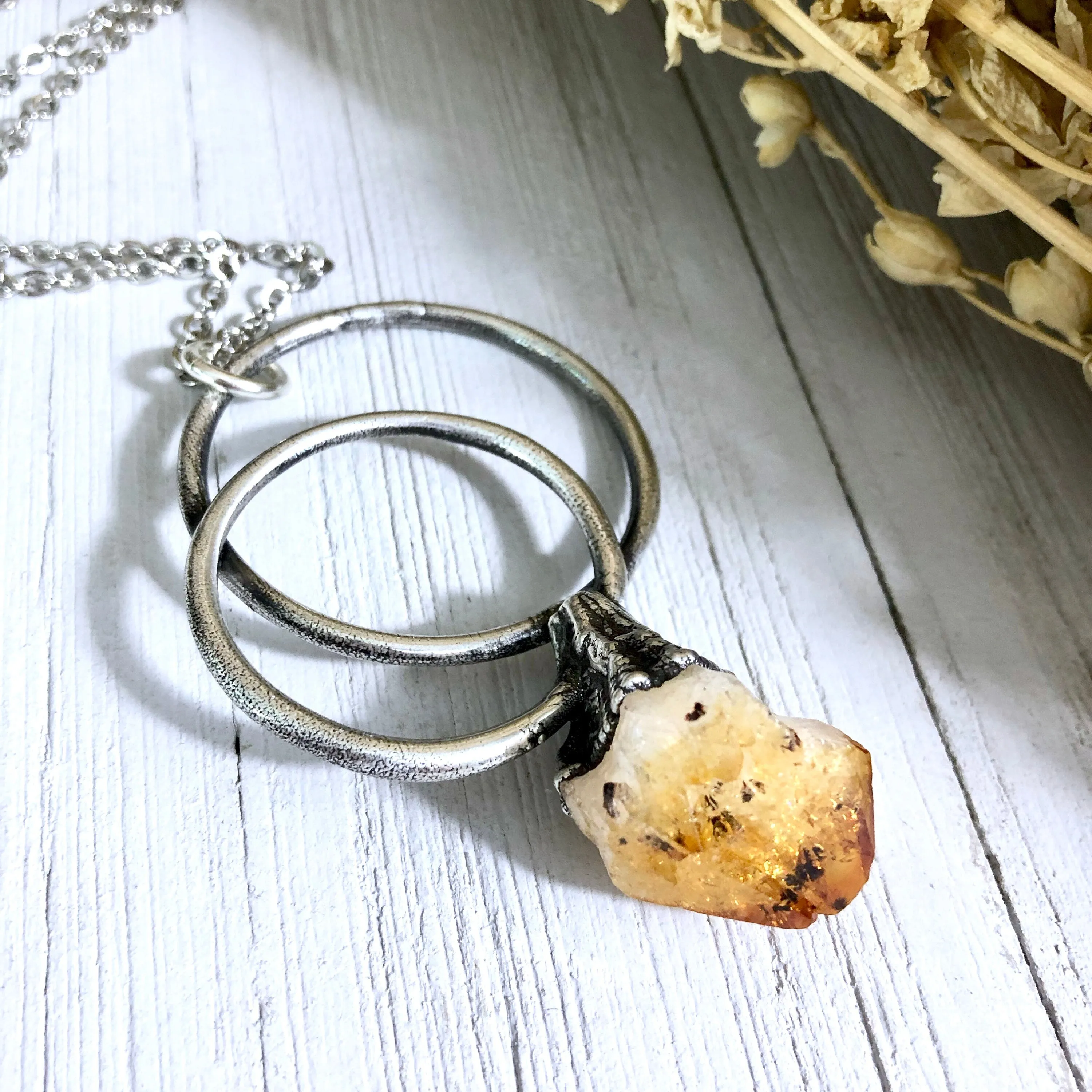 Large Citrine Necklace / Big Crystal Necklace Silver