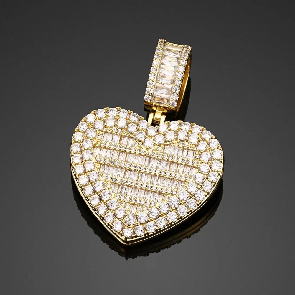 Micro Pave Cubic Zircon Heart Photo Medallion Necklace- Hip Hop Locket Pendant Necklace For Girls