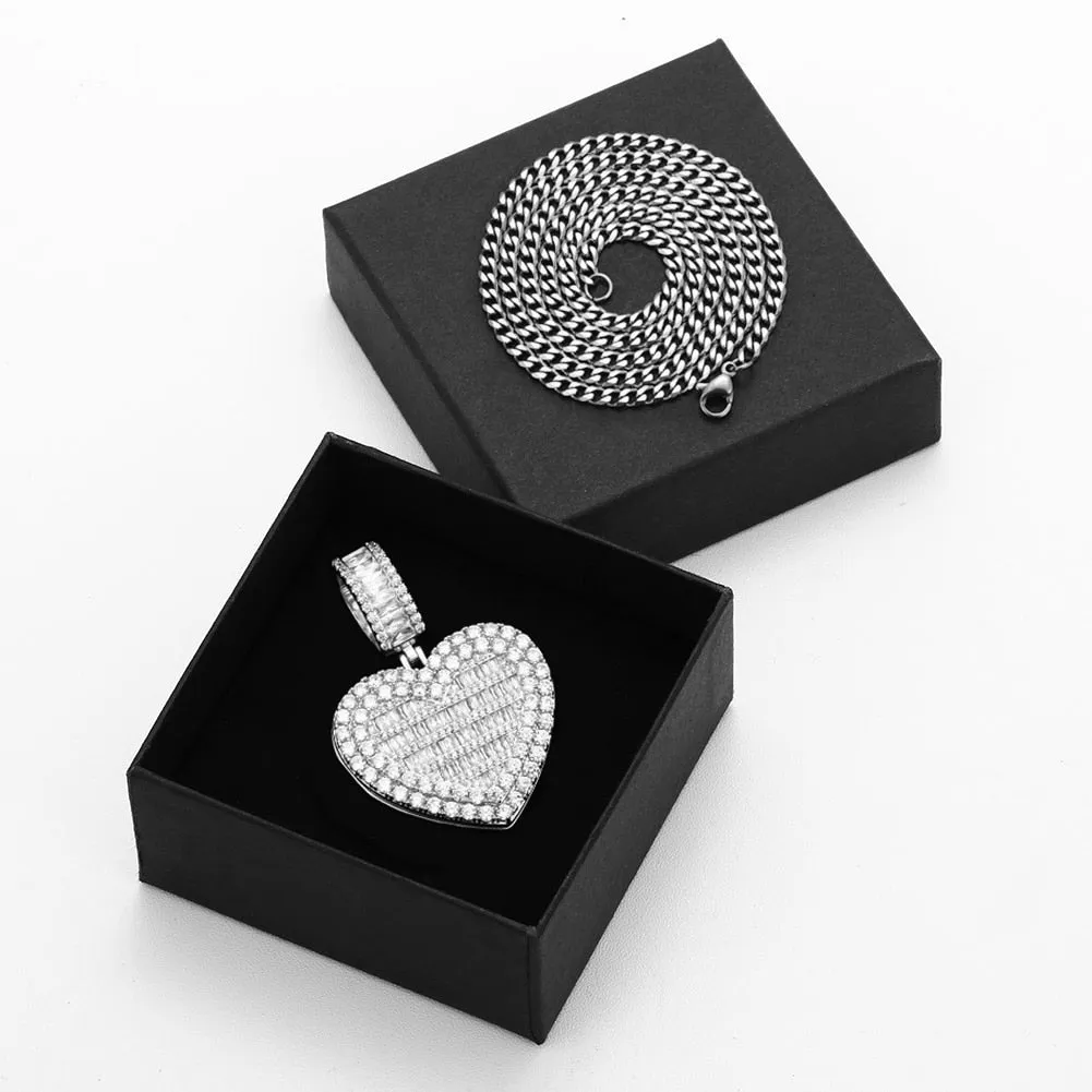 Micro Pave Cubic Zircon Heart Photo Medallion Necklace- Hip Hop Locket Pendant Necklace For Girls