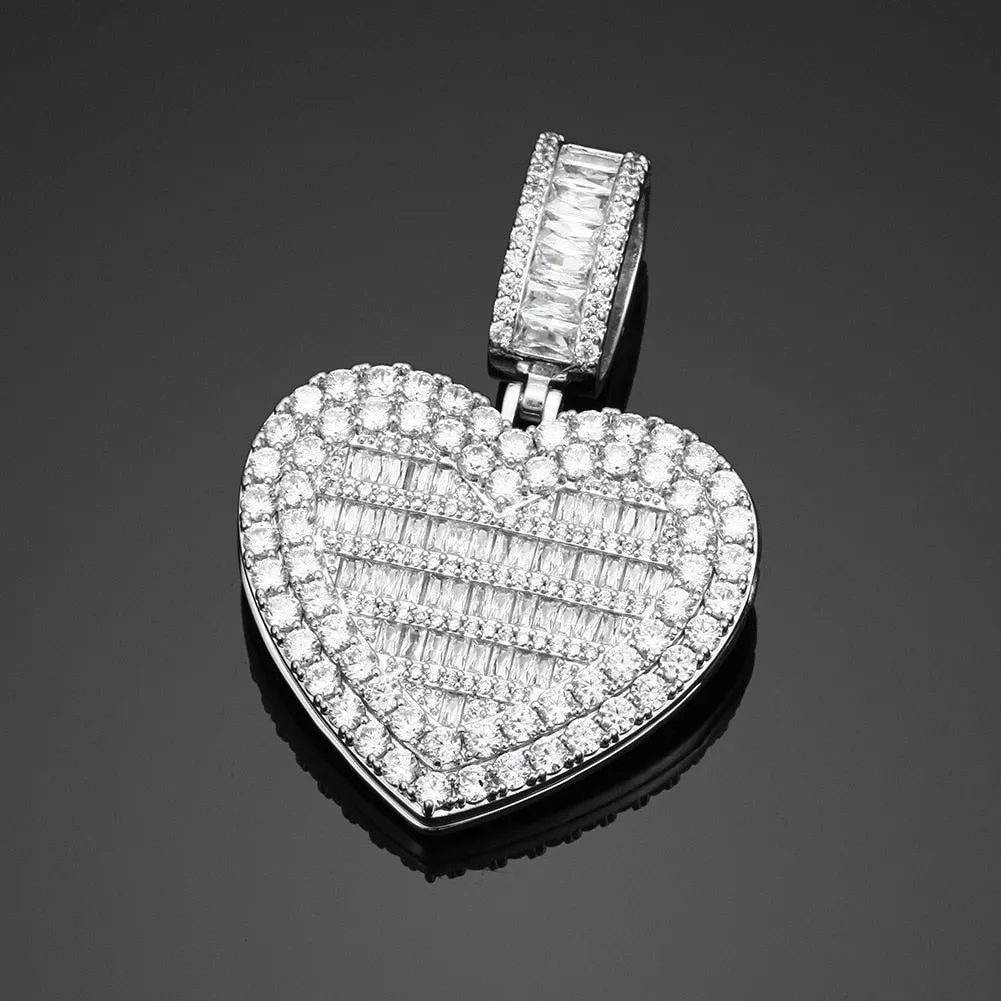 Micro Pave Cubic Zircon Heart Photo Medallion Necklace- Hip Hop Locket Pendant Necklace For Girls