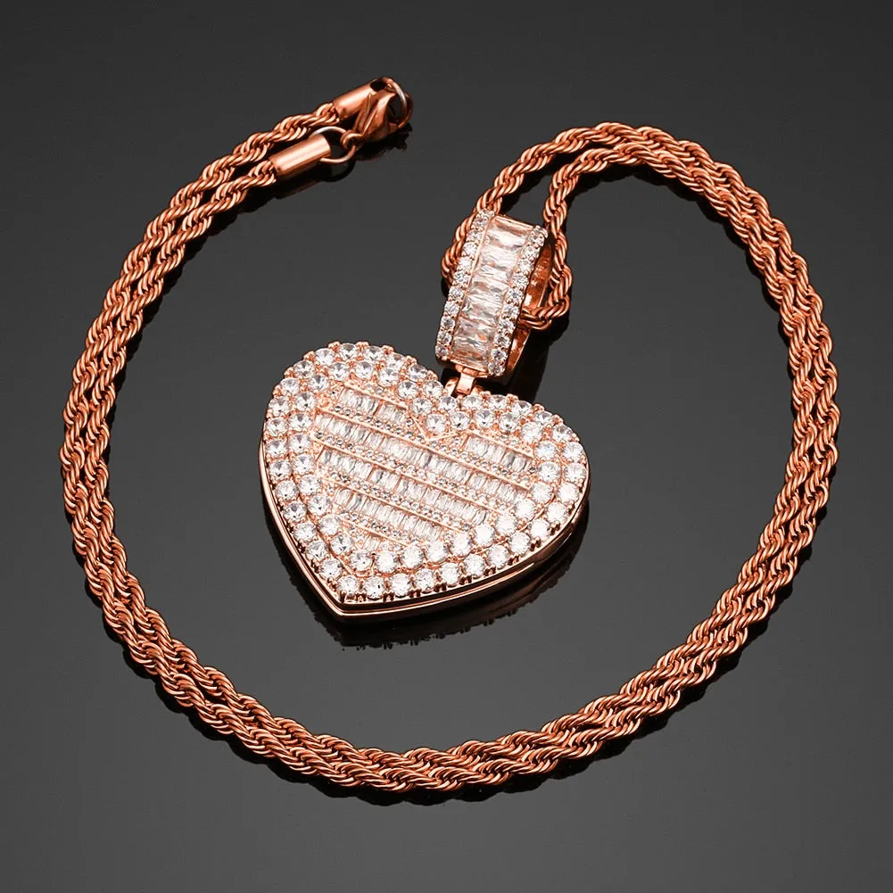 Micro Pave Cubic Zircon Heart Photo Medallion Necklace- Hip Hop Locket Pendant Necklace For Girls