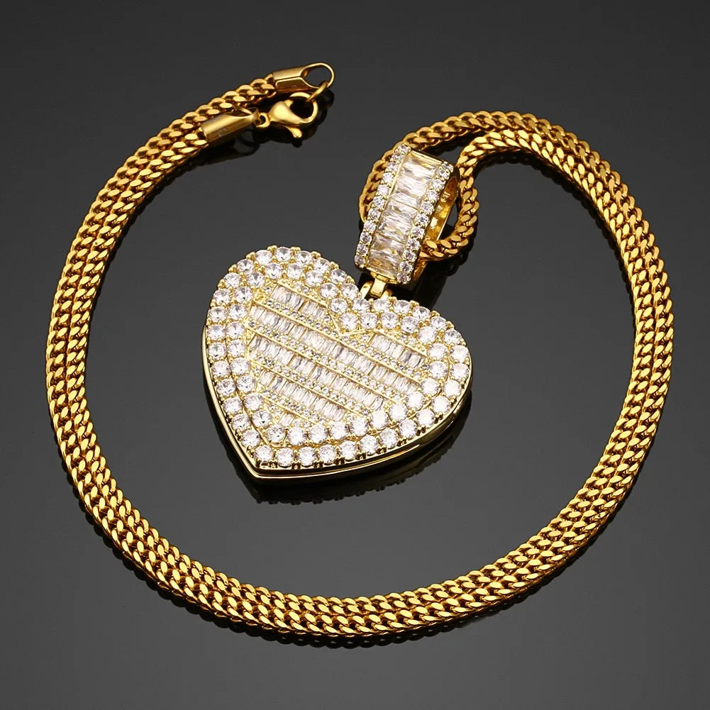 Micro Pave Cubic Zircon Heart Photo Medallion Necklace- Hip Hop Locket Pendant Necklace For Girls