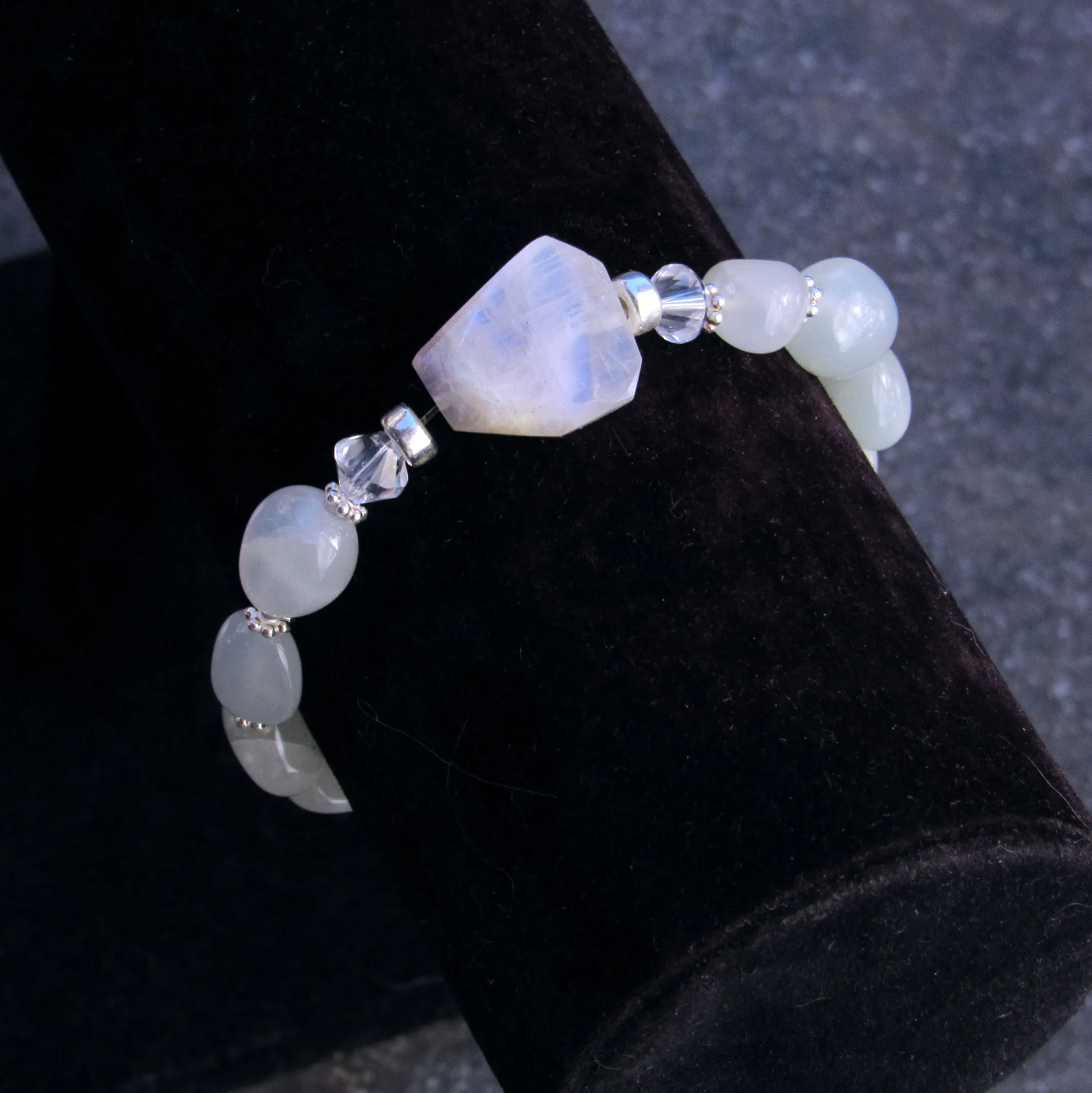 Moonstones, Clear Quartz and Sterling Silver Stretch Bracelet