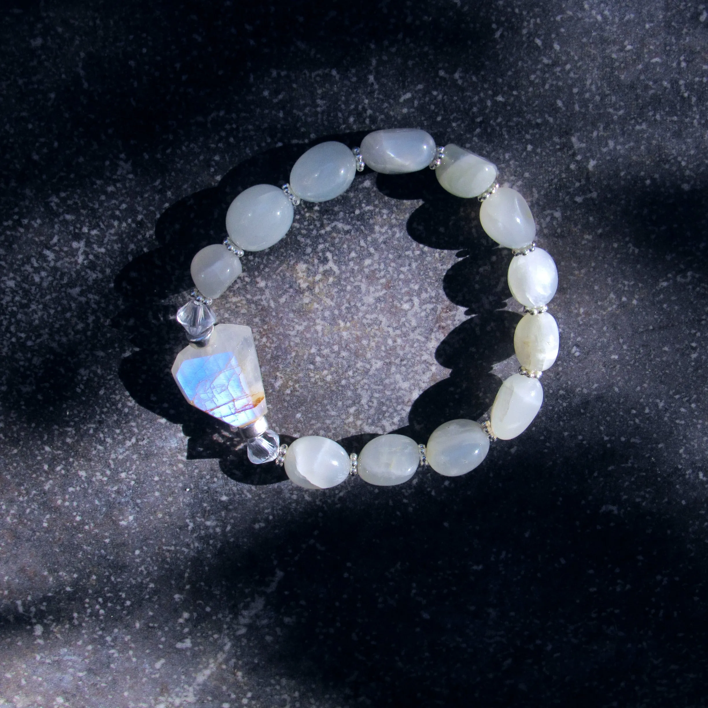 Moonstones, Clear Quartz and Sterling Silver Stretch Bracelet