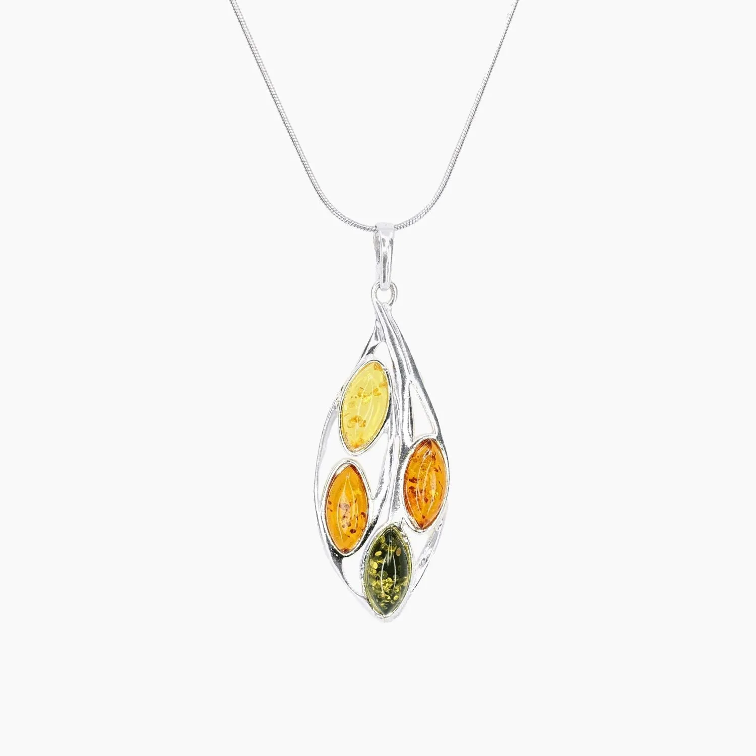 Multi-Color Amber Leaf Pendant in Sterling Silver