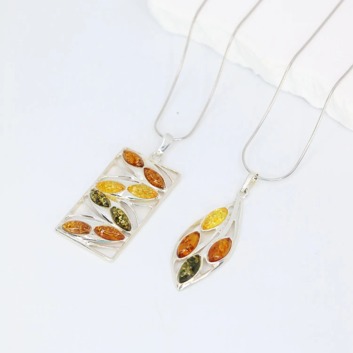 Multi-Color Amber Leaf Pendant in Sterling Silver