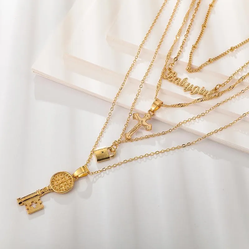 Multilayer Gold Chain Necklace with Pendant - Lock, Key and Cross